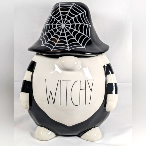 Rae Dunn 2021 Witchy Gnome Halloween Cookie Jar with Spiderweb Hat - Picture 1 of 7